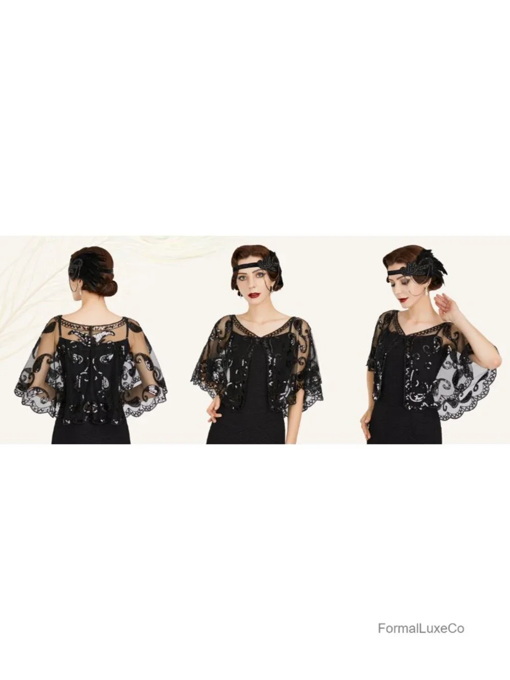 1920s Flapper Sequin Beaded Shawl Wrap Mesh Fringe Evening Party Cape